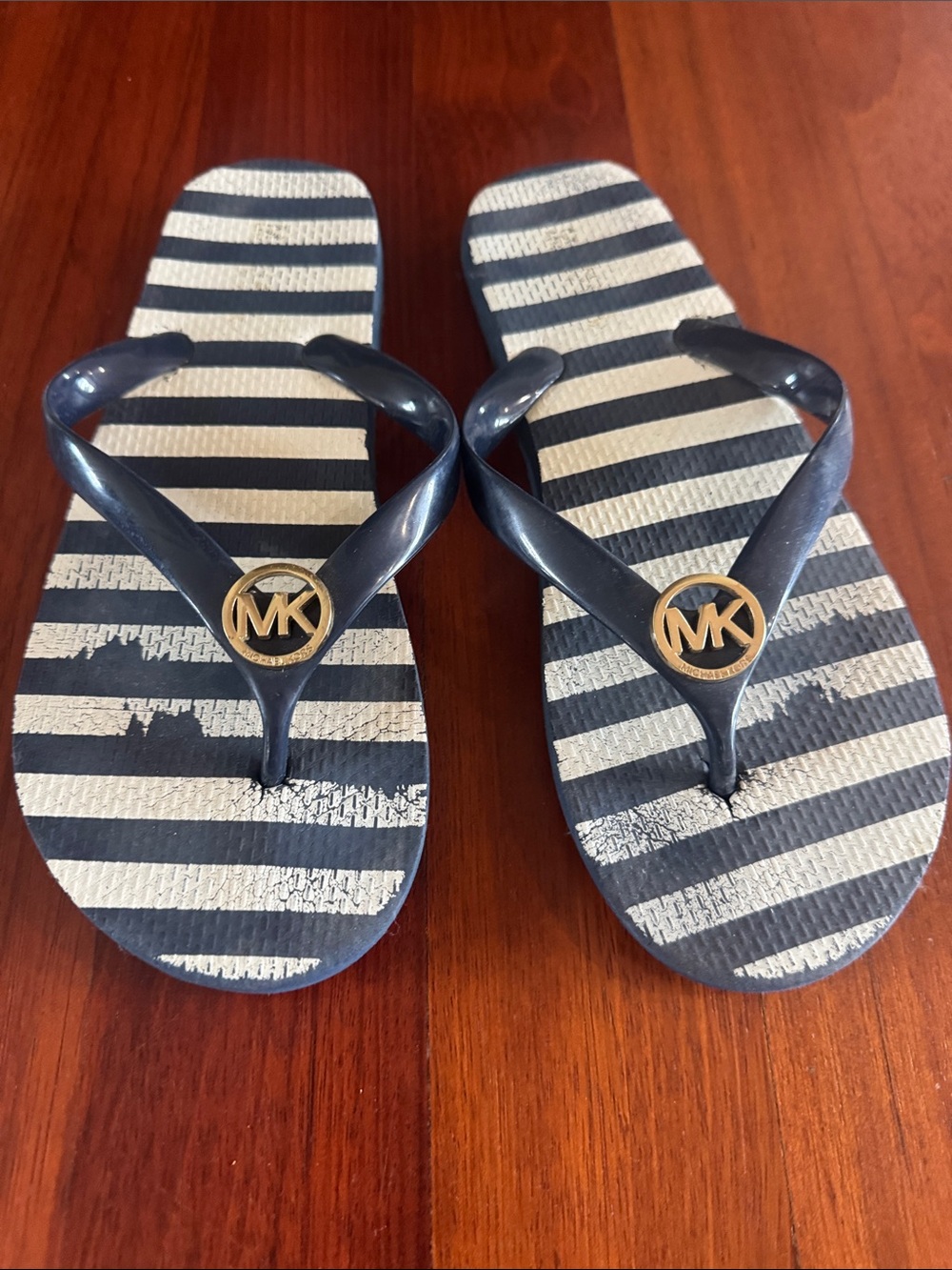 Michael Kors Kids Navy and White Striped Logo Flip Flops